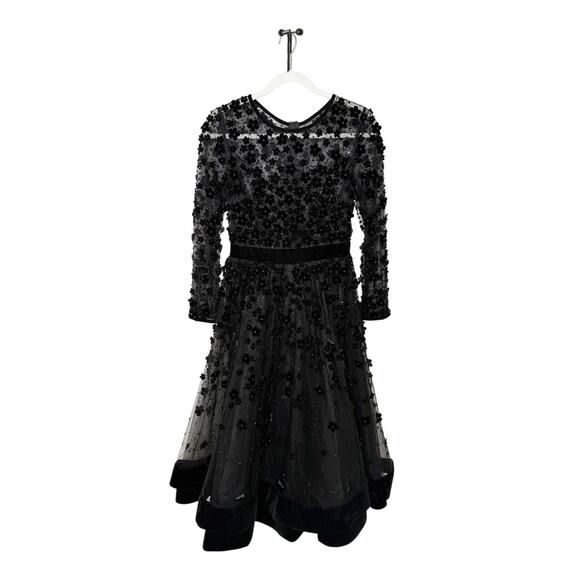 Mac Duggal Black Embellished Illusion High Neck Long Sleeve Fit Flare Midi Dress - Picture 7 of 16